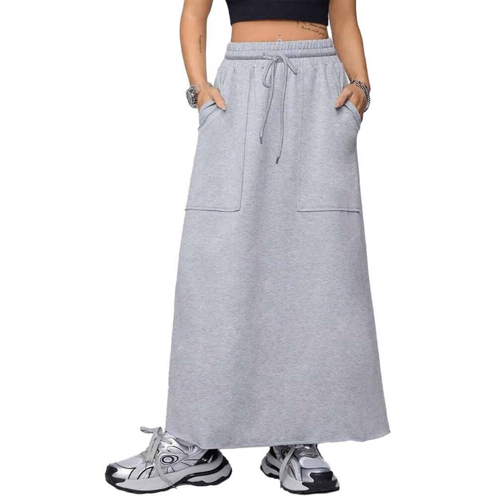 Versatile A-Line Maxi Skirt with Pockets - Grey High Waist for Casual Elegance